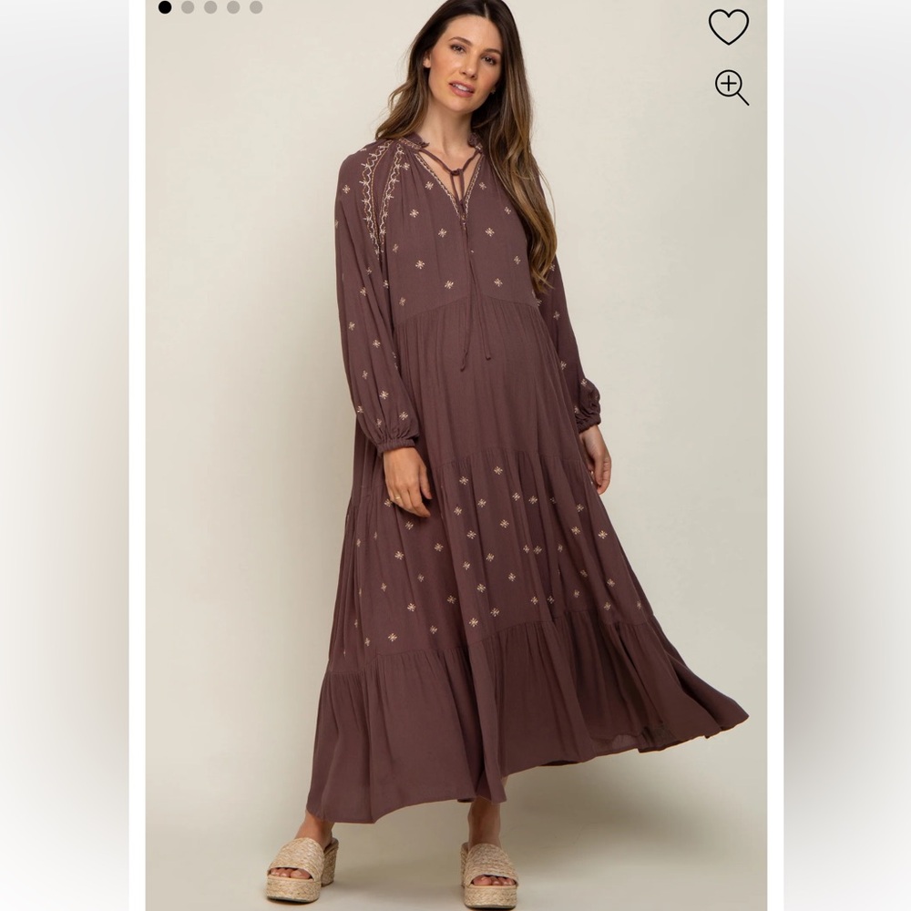 In Loom Brown Ruffle Mock Neck Embroidered Tiered Maxi Dress size Small